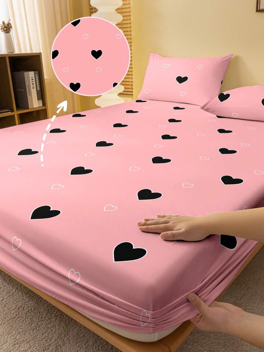 1pc Minimalist Modern Heart Geometric Empathy Print Brushed Fitted Sheet, Bedroom Printed Bed Cover, Bedding (Pillow Case Not Included) - Multicolor - View 1