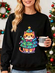 Sweatshirt para Mujer con Estampado de Gato Árbol de Navidad, Ideal para Fiestas de Navidad y Días Festivos, Regalo Perfecto para Amantes de los Gatos y de la Navidad, Confortable y Stylish para Uso Cotidiano y Ocasiones Especiales - Negro - Ver 1