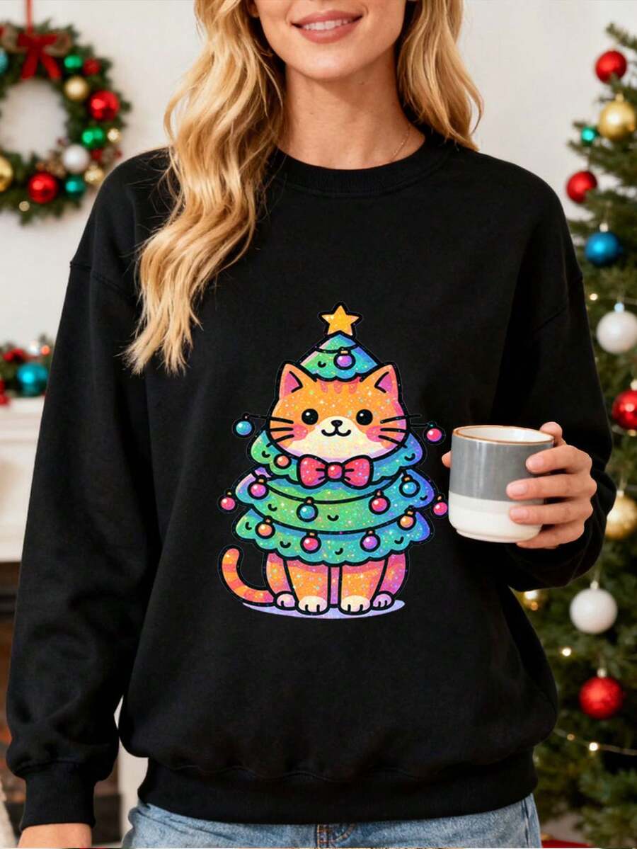 Sweatshirt para Mujer con Estampado de Gato Árbol de Navidad, Ideal para Fiestas de Navidad y Días Festivos, Regalo Perfecto para Amantes de los Gatos y de la Navidad, Confortable y Stylish para Uso Cotidiano y Ocasiones Especiales - Negro - Ver 1