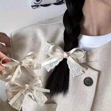 Elegante Set de 3 Clips de Pelo de Encaje Blanco con Bordado - Diseño Intrincado de Encaje + Lazo, Versátil para Bodas/Fiestas/Uso Diario - 1 pinza grande + 2 pequeñas para el cabello - Ver 5