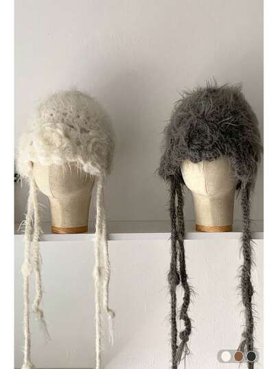 手工钩编蓬松流苏宽松针织帽，百搭针织纹理绒球帽，时尚街头风头饰，秋冬保暖绒毛内衬钩编帽