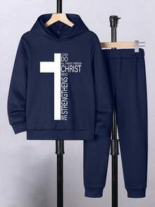 2pcs/Set Tween Boy Casual Logo Print Fleece Hooded Sweatshirt And Sweatpants Set, Suit Set, Autumn/Spring/Winter - Navy Blue - View 2