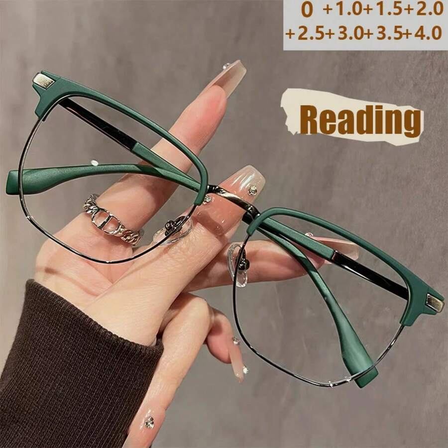 Gafas de Lectura Retro Semi-encuadernadas para Hombres con Marco de Cejas Anti-luz Azul para Personas de Mediana Edad y Ancianos 630 - Verde - Ver 1