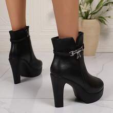 Women's Ultra High Heel Platform Ankle Boots, Autumn/Winter New Fashion Round Toe Rhinestone Bow Thin Heel Boots, Slimming Leather Boots - Black - View 5