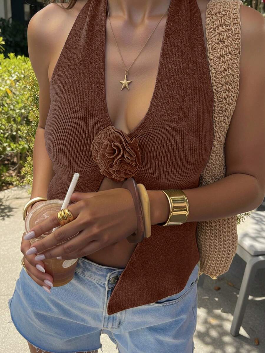 FOR BEAUTY 纯色吊带露背针织上衣，性感休闲优雅，适合音乐节、节日及各种场合，例如度假、新年，也适合海滩、沙滩和游泳。 - 紅咖啡 - 查看 1