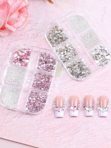 6Grids Kituri de pietre rotunde pentru unghii, alb roz, Heard, pietre din sticlă cu spate plat de 2,5/3/5 mm și mărgele din oțel argintiu, pietre de Ziua Îndrăgostiților cu sclipici AB pentru unghii, pentru meșteșuguri DIY, căni, sticle, pahare, haine, machiaj, unghii, manichiură, brelocuri pentru unghii, pietre prețioase pentru unghii, accesorii pentru unghii, instrumente pentru manichiură