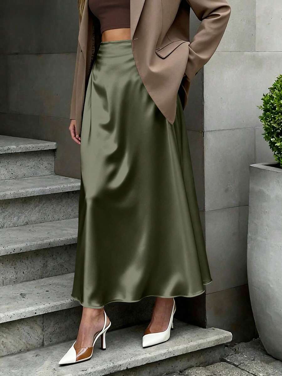 EARO Women's European And American Fashion Elegant Satin High-End Everyday Versatile Skirt, High Waisted Slimming Stretchy Knee-Length A-Line Flared Skirt, Autumn/Winter - 綠色 - 查看 1