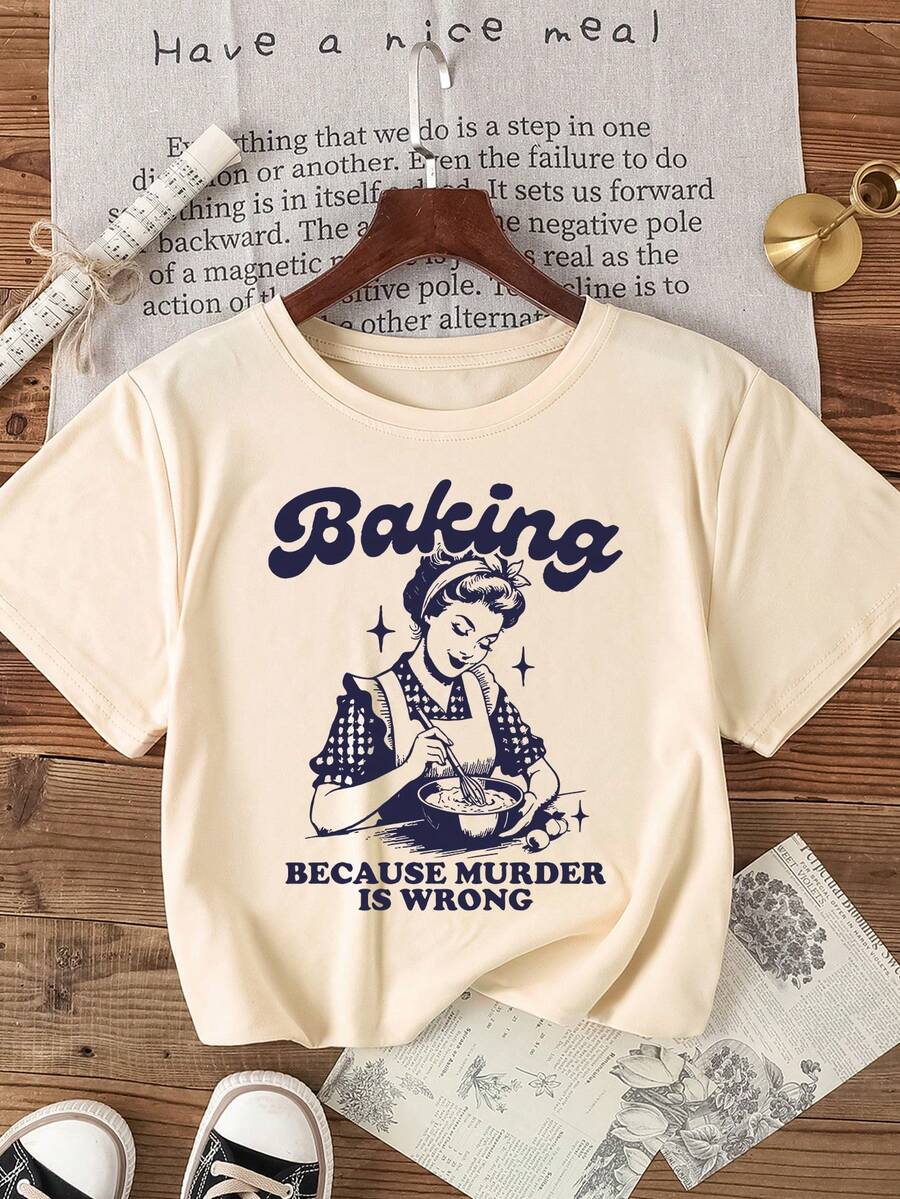 女士纯色圆领休闲牛奶丝常规短袖T恤 夏季 - 卡其色 - 查看 1