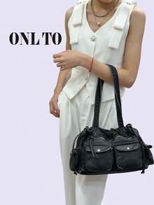 1pc Punk-Style Zippered Motorcycle Shoulder Bag, Sexy Retro Soft Leather Drawstring Tote Bag For Commuting, Women's Bag