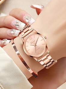 2件套女士玫瑰金表带时尚休闲超大表盘石英表及手链首饰套装，适合日常佩戴、装饰或节日礼物 - 玫瑰金 - 查看 1