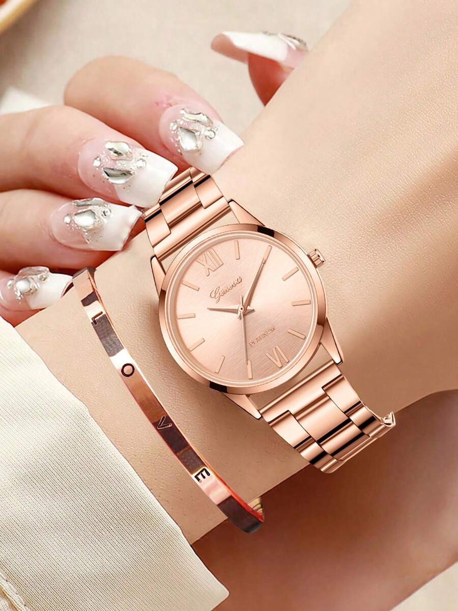 2件套女士玫瑰金表带时尚休闲超大表盘石英表及手链首饰套装，适合日常佩戴、装饰或节日礼物 - 玫瑰金 - 查看 1
