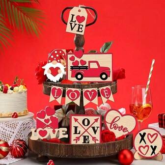 1 set/10 sets/15 sets Decoraciones del Día de San Valentín - Juego de decoración para bandeja escalonada que incluye camión, enano con corazón, centro de mesa para interior/exterior, decoración del hogar, centro de mesa para comedor, adornos multifuncionales del Día de San Valentín (bandeja no incluida)
