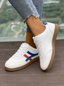 Zapatillas planas blancas de estilo casual con cordones, zapatos de piel, estilo escolar, de fácil puesta, zapatos casuales versátiles, elegante moda casual, adecuados para primavera/otoño, zapatillas para correr - Blanco - Ver 3