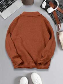 1 件男童/青少年学院风纯色半襟领针织套头衫，长袖，适合秋冬季