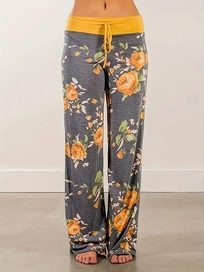 Plus Printed Drawstring Casual Wide Leg Yoga Pants