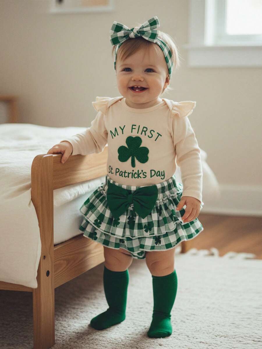 Conjunto de ropa para bebé niña con bordado de trébol y letras, falda a cuadros, calentadores de piernas y diadema para el primer día de San Patricio - Caqui - Ver 1