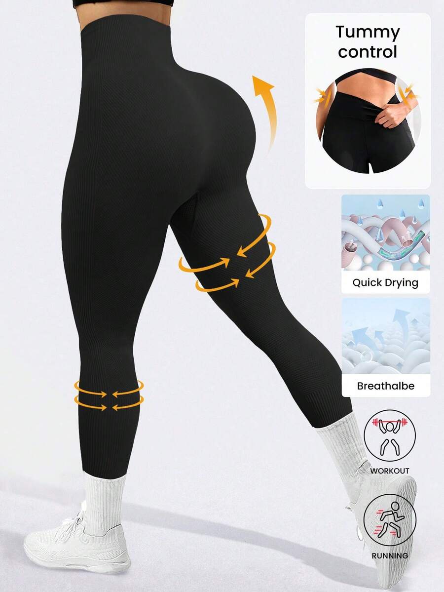 Bestseller Ribbed Texture High-Waisted Yoga Leggings - Butt-Lifting & Body-Shaping, Slimming & Flattering Fit, Perfect For Workouts, Gym Sessions & Daily Outfits - Black - View 1