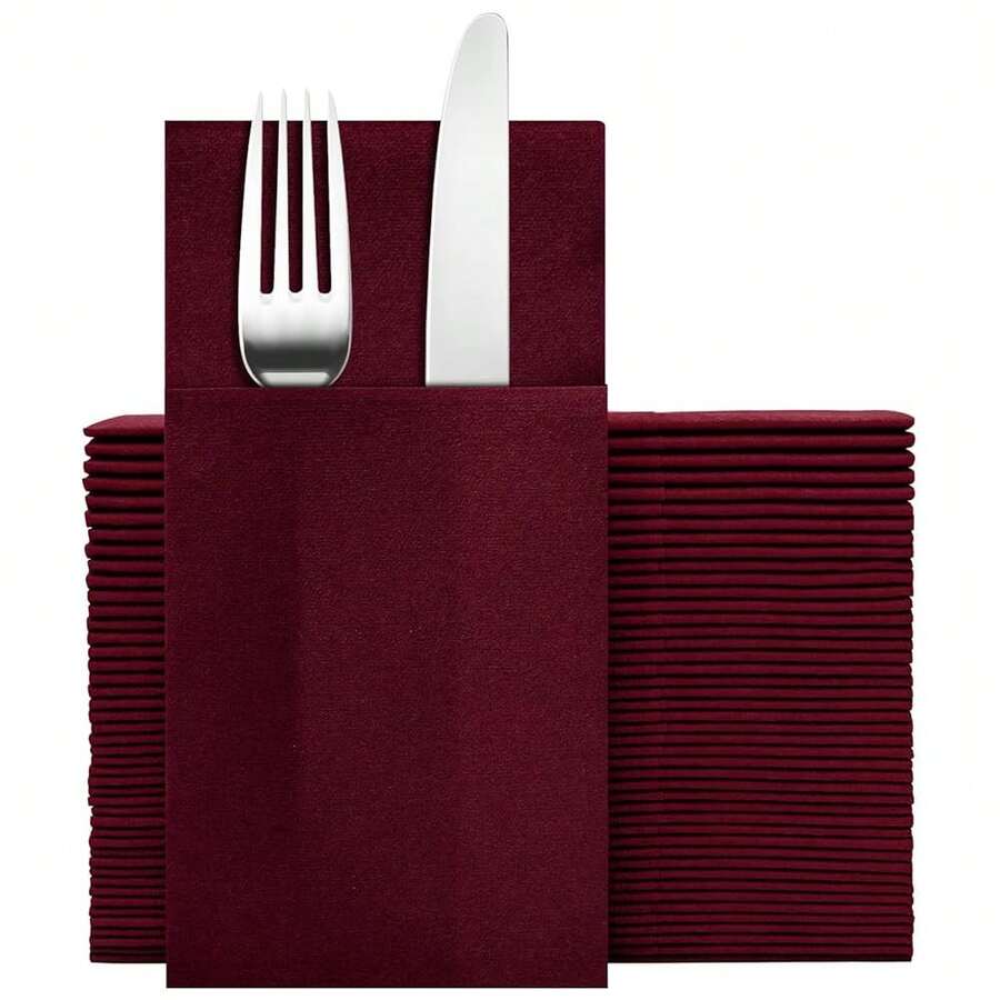 Dark Burgundy Napkins Hand Towels Disposable, Linen-Feel Dinner Napkins With Prefolded Built-In Flatware Pocket, Guest Paper Hand Towels For Wedding, Dinner Or Party (16x16in, 50Pack),DarkBurgundy - 深勃根地酒紅 - 查看 1