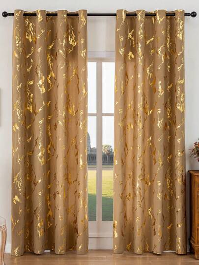 1pc Super Soft Camel Velvet Blackout Curtain, Holiday Atmosphere Decor For Living Room, Bedroom, Party, Celebration With Golden Marble Pattern