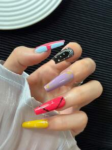 Coffin Nails French Style Handmade Press-On Nails With Multi-Colored Y2K Color-Clashing Designs & Hand-Painted Creative Art Patterns - Full Cover Artificial Handmade DIY Glitter False Nails For Cyber-Themed Parties, Rave Events, Cosplay Gatherings, Festival Outings & Y2K Retro Nights - 10 Pieces/Bag