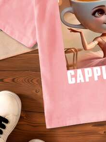 Young Girl Casual Cartoon Pattern Round Neck Short Sleeve T-Shirt, Summer - Pink - View 7