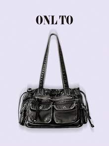 1pc Punk-Style Zippered Motorcycle Shoulder Bag, Sexy Retro Soft Leather Drawstring Tote Bag For Commuting, Women's Bag