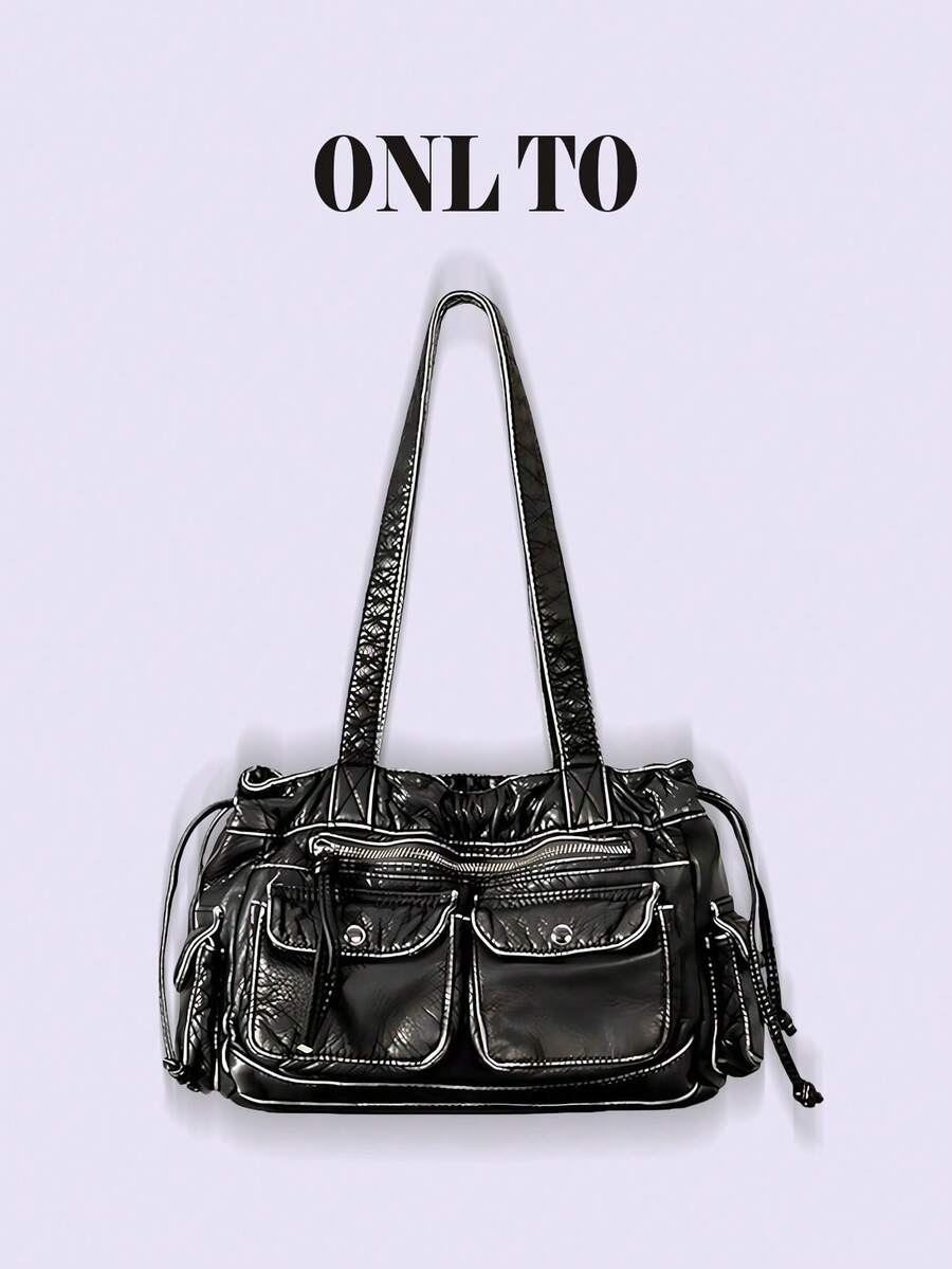 1pc Punk-Style Zippered Motorcycle Shoulder Bag, Sexy Retro Soft Leather Drawstring Tote Bag For Commuting, Women's Bag