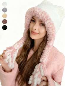 1 Stück süße Bärenohren Warm Plüsch Ohrenschützer, gestrickter Winterhut zum Gesicht klein halten, neuer europäischer und amerikanischer Herbst/Winter Stil Kälteoutfit für Frauen