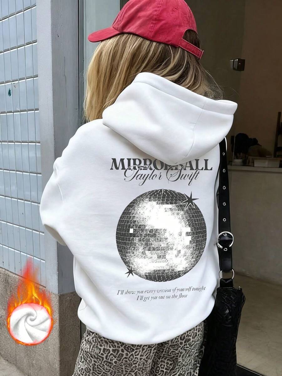 1件女士白色抽绳连帽卫衣，带口袋，镜面球英文印花，休闲宽松街头风 - 白色 - 查看 1