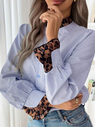 1pc Polyester Striped & Leopard Print Patchwork Button Down Collared Shirt, Suitable For Vacation, Spring/Autumn