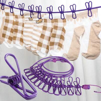 1PC Portable Travel Clothesline, Retractable Camping Clothesline, Adjustable Clothesline With 12pcs Clips, Drying Clothes For Outdoor And Indoor, Home SuppliesDrying Clothes For Outdoor And Indoor, Home Supplies Stretchy Retractable Elastic Clothes Drying Line For Backyard, Vacation, And Hotel Balcony - Portable And Convenient