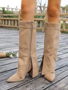 2025秋冬春夏新款欧美尖头高筒女靴，修身直筒靴，坡跟骑马靴 - 杏色 - 查看 5