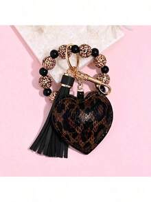 1pc Leopard Pattern Wood Bead Bracelet Keychain With Leather Heart & Tassel Charm, Boho Style Fashion Bag Accessory,  Gift Idea For Women & Daily Use - Nhiều màu - Xem 13
