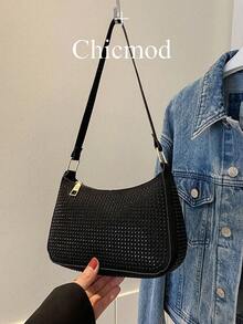 Bolso tipo baguette mini con remaches, bolso de hombro de unicolor, bolso de sobaco, bolso cuadrado apto para compras, billetera, compras, mujeres jóvenes, estudiantes universitarias, principiantes, oficinistas. Apropiado para oficina, universidad, trabajo, negocios, viajes al trabajo, actividades al aire libre, viajes y picnics - Negro - Ver 2