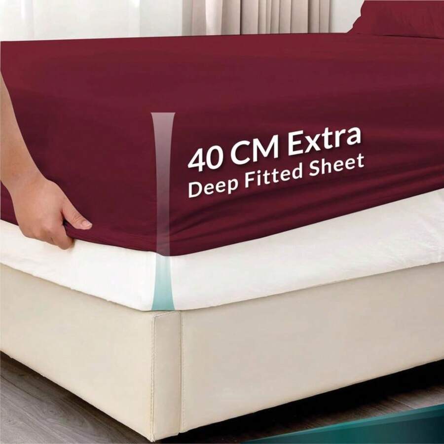 40cm Extra Deep Fitted Sheet - Soft Breathable, Wrinkle/Fade Resistant Machine Washable - Burgundy - View 1