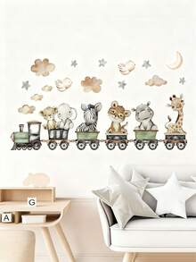 1pc Creative Watercolor Animal Hippopotamus, Zebra, Leopard, Giraffe, Train Pattern Self-Adhesive Wall Sticker, Nursery Decor, Girls/Boys Bedroom, Hallway, Living Room, Balcony Home Wall Decor - Multicolor - View 4