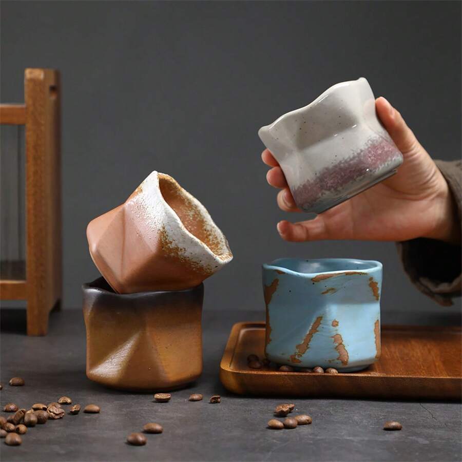 Xícara de café expresso vintage de cerâmica grossa, caneca criativa com textura enrugada, xícara de chá de cerâmica, xícara principal, xícara para latte. - Multicolorido - Ver 1