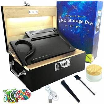 Shomory LED Bamboo Stash Box With Rolling Tray Combination Lock, Storage Box For Gift With Lock, Jar, Seal Bags.