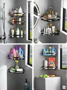 Wall-Mounted Corner Bathroom Storage Rack, Laundry Storage Rack, Perfectly Fitting Into Bathroom And Kitchen Corners, No Drilling Required, Won't Damage, Keeps Walls Clean, Suitable For Tiles, Glass, Smooth Floors, Etc. Ideal For Storing Bathroom Toiletries And Shampoo Bottles, Kitchen Condiments, Etc.