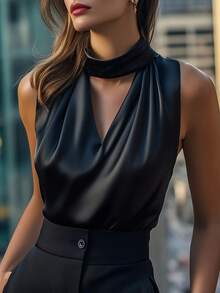 优雅无袖V领垂褶镂空梭织面料常规长度女式衬衫，黑色，夏季款 - 黑色 - 查看 4