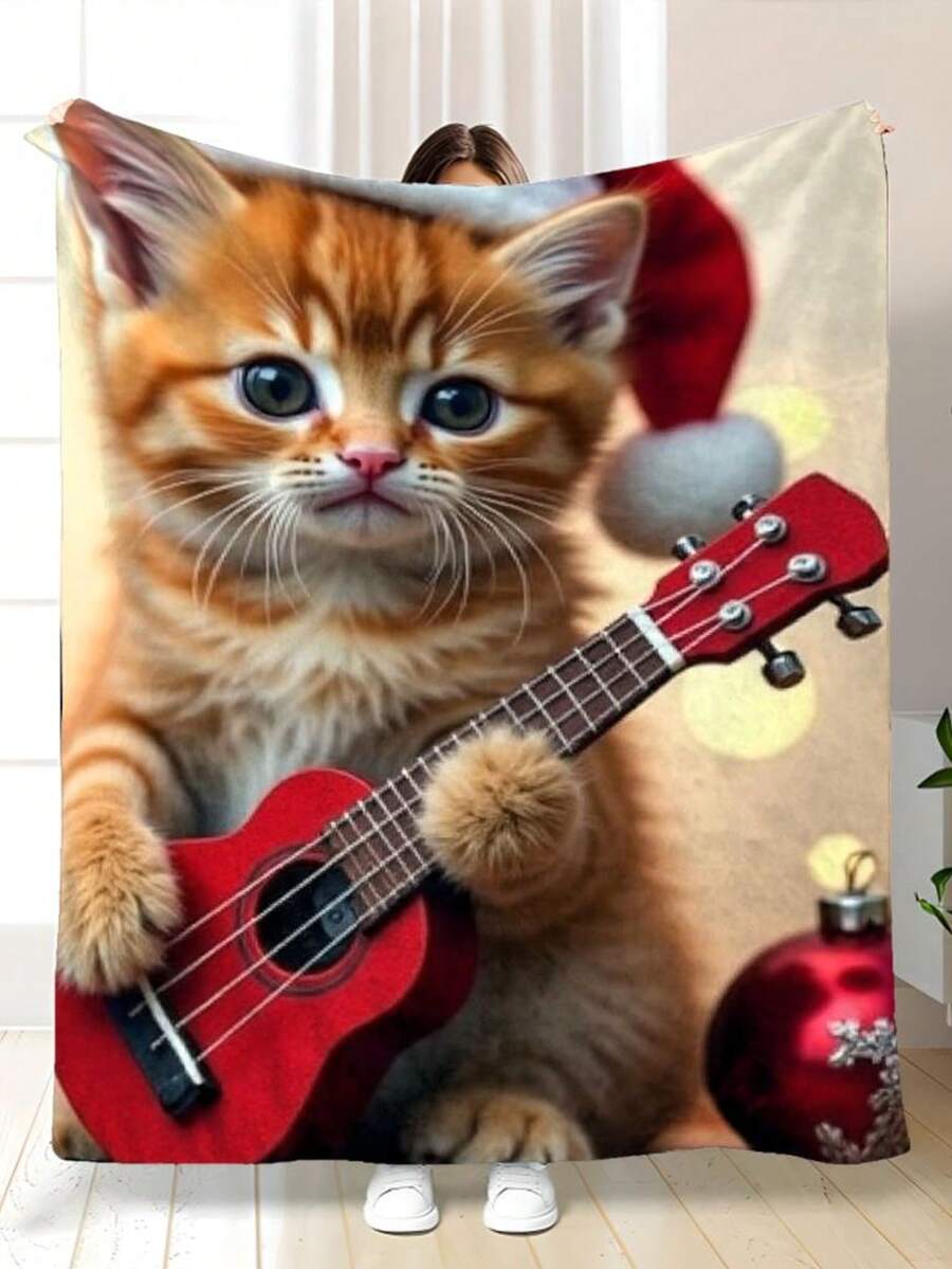 Cozy Holiday Kitten With Ukulele Flannel Throw Blanket - Soft Fleece Sofa Cover, All-Season Nap & Gift Blanket With Festive Design, 250- 280gsm, Lounge Blanket, Couch Accessory, Flannel Blanket, Fleece Blanket, Holiday Pattern, Contemporary Style