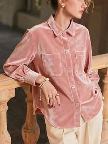 女士时尚丝绒长袖衬衫，秋冬款 - 淺粉色 - 查看 3