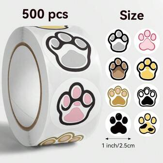 500 piezas/Rollo Pegatinas de huellas de gato de colores surtidos, Tamaño: 2,5 cm/1,0 pulgada, Forma redonda, Ideal para regalos de niños, Se puede usar para decoración de libros, etiquetas de sellado, envoltura de regalos y otras decoraciones de productos