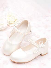 1 Pair Girls Bow Pearl Shoelace Design Shoes, Children Princess Mary Jane Shoes For Toddler, Little Kid, Tween Kid, Elegant Mini High Heel, Suitable For Daily, Party, Banquet, Performance, Holiday Outfit - White - View 2