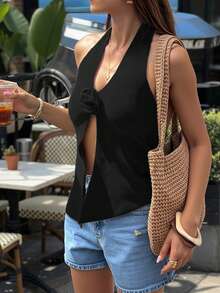 FOR BEAUTY 春夏新款纯色吊带露背针织背心，女士性感休闲优雅音乐节度假轻薄套头毛衣，夏季服装，适合海滩、海边、游泳 - 黑色 - 查看 3