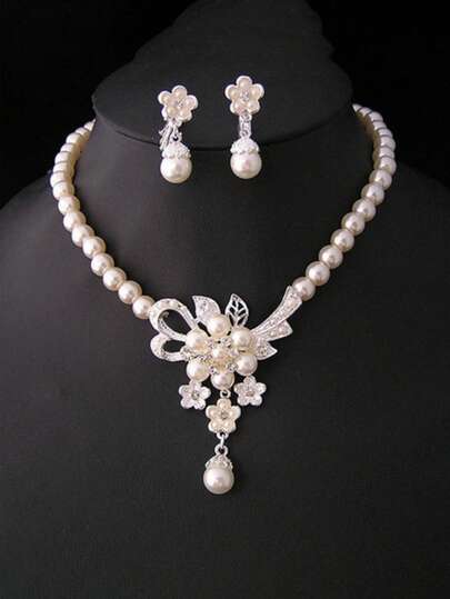 1 ชุด สร้อยคอและต่างหูมุกดอกไม้แฟชั่นสำหรับผู้หญิง, ชุดเครื่องประดับงานแต่งงานเจ้าสาว