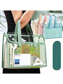 1pc Transparent Handbag - Student Specific Large Bag, PVC Cosmetics Storage Bag, Sports Activity Specific Transparent Bag, Wear Resistant Thickened Subject Bag, Simple Exam Paper And Book Storage Bag[Random Delivery Of Styles, Possible Color Difference, Random Packaging] - Multicolor - View 8