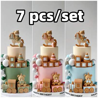 7pcs/Set Cute Bear Cake Decorations For Birthday Party, Baptism Cake Decor, Gender Reveal, Birthday Decoration, Soft Rubber Material, Reusable (Pink, Blue, Green)