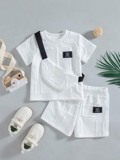 2pcs/Set Newborn Baby Boys Casual Solid Color Crew Neck Short Sleeve T-Shirt And Shorts Outfit, Summer