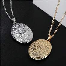 Vintage Engraved Flower Empaistic Photo Locket Hold Picture Oval Round Pendant Necklace Antique Carved Pattern Souvenir Memorial Clavicle Sweet Jewelry For Women,Gold - 金色 - 查看 5